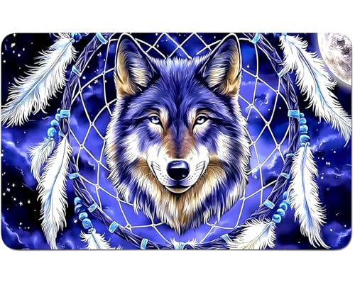 RWUTYTIUL for MTG Card Playmat 24 X 14 Inch with No Zone, Stitched Play Mat for Commander-Board TCG RPG CCG Game Desktop Tablet Mouse Pad for Playing Accessories, Purple Dreamcatcher Wolf von RWUTYTIUL