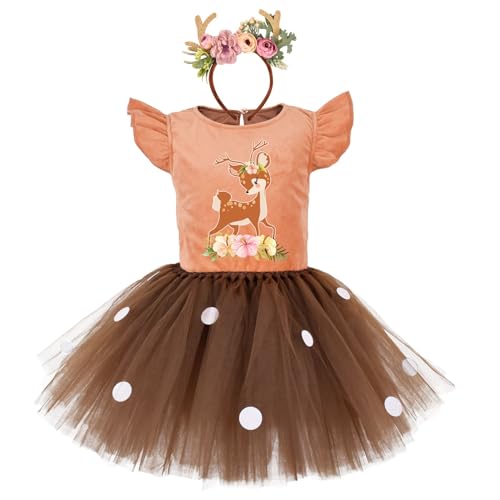 RWYBEYW Kostüm für Kinder, Kleinkind, Baby, Mädchen, Hirsch, Weihnachtsanzug, Elch, Strampler, Bodysuit, Weihnachten, Cosplay, Tutu-Kleid mit Geweih, Stirnband (B# Orange Braun, 5-6 Jahre) von RWYBEYW