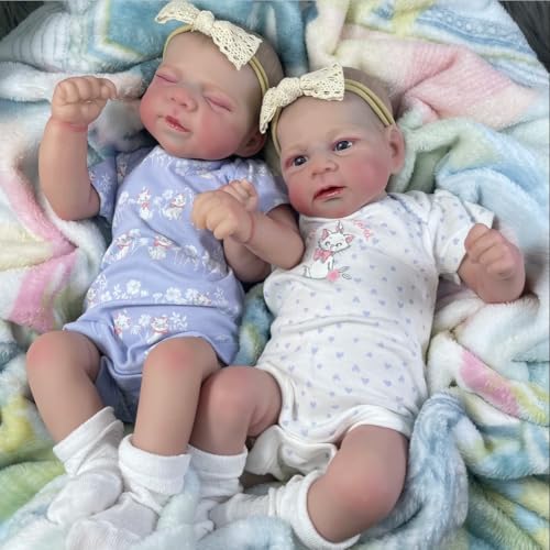 RXDOLL 45,7 cm Reborn Babypuppen Zwillinge Mädchen Silikon Ganzkörper Vinyl Realistische Zwillingsbabypuppen, die echt aussehen Silikon Babys Zwillinge Puppe Lebensechte Neugeborene Puppe von RXDOLL