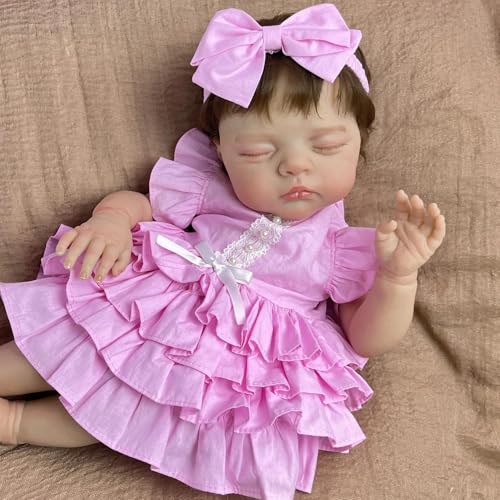RXDOLL 48,3 cm realistische Reborn Babypuppen Mädchen schlafende Neugeborene Puppe Weicher Stoffkörper Echte Babypuppen, die echt aussehen Silikon Babys Säuglingspuppe mit hübschem rosa Kleid von RXDOLL
