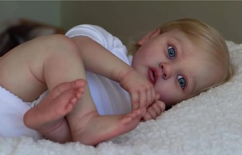 RXDOLL 61 cm große Reborn-Puppen, realistische Kleinkind-Mädchen, lebensechte Babypuppen, die echt aussehen weich gewichteter Stoffkörper Reborn Kleinkindpuppe mit blondem Haar von RXDOLL