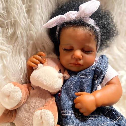 RXDOLL Lebensechte schwarze Reborn-Babypuppen, weicher Stoff, Körper, schlafendes Mädchen, 50,8 cm, realistische Babypuppen, die echte dunkle Haut aussehen, Neugeborene mit lockigem Haar, für Kinder von RXDOLL