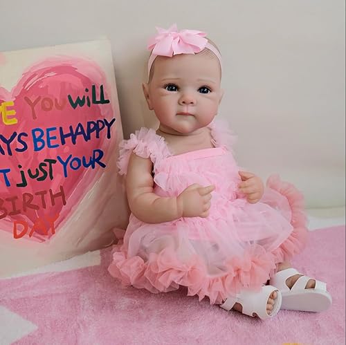 RXDOLL Life Like Reborn Puppen Mädchen 18 Zoll Reborn Babypuppe Silikon Ganzkörper Vinyl Realistische Neugeborene Puppen Mädchen Handgemachte Silikon Babys Puppe mit hübschem rosa Kleid von RXDOLL