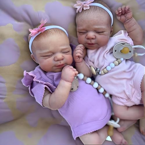 RXDOLL Real Life Reborn Babypuppen Zwillinge Mädchen 18 Zoll Lebensechte Realistische Neugeborene Babypuppen Silikon Ganzkörper Anatomisch Korrekt Schlafende Babys Wasserdicht Puppe Spielzeug Kinder von RXDOLL