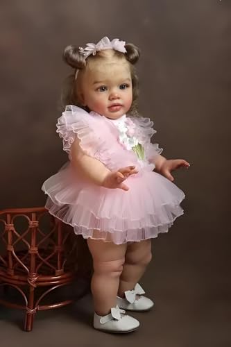 RXDOLL Realistische Reborn Kleinkind-Babypuppen Pippa Girl 66 cm große Größe lebensechte Babypuppen, die echt aussehen weich Körper gewichtete Silikon-Baby-Puppe mit hübschem rosa Kleid von RXDOLL