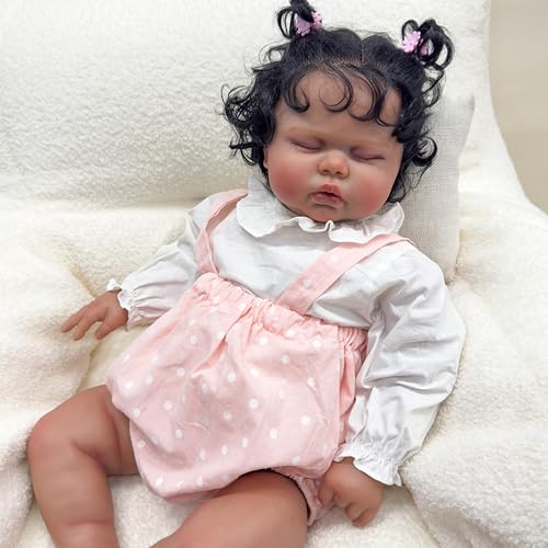 RXDOLL Realistische Reborn Kleinkind-Puppen, schwarzes Mädchen, 60 cm, große Größe, Reborn-Kleinkind-Puppen, dunkelbraune Haut, afrikanische Amerika, schlafende Babypuppen mit Stoffkörper von RXDOLL
