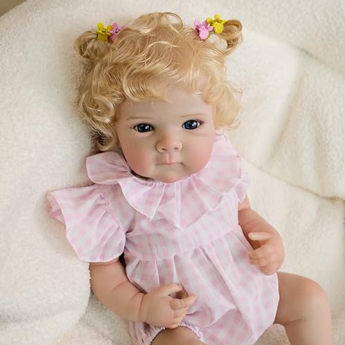 RXDOLL Reborn Babypuppen Blaue Augen Realistische Babypuppe Mädchen 18 Zoll Reborn Puppen Die Echt Silikon Babys Beschwerter Weicher Stoffkörper mit verwurzeltem blondem lockigem Haar von RXDOLL
