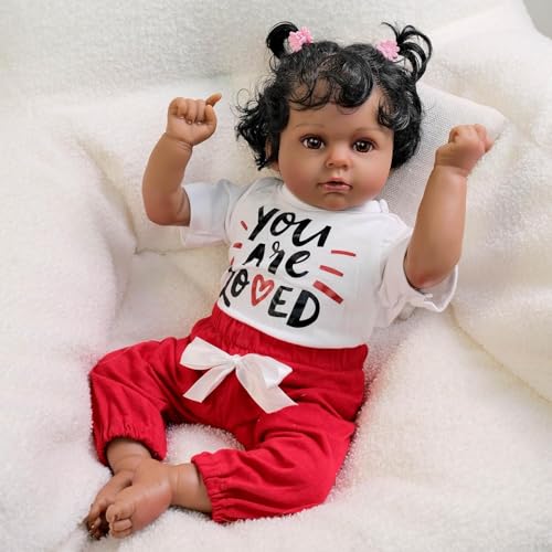 RXDOLL Reborn Schwarze Babypuppen 50 cm Realistische Afroamerikanische Puppe Weiches Tuch Körper Lebhafte Babypuppen Sehen Echte Neugeborene Babys Lockige Haare Spielzeug Geschenke von RXDOLL