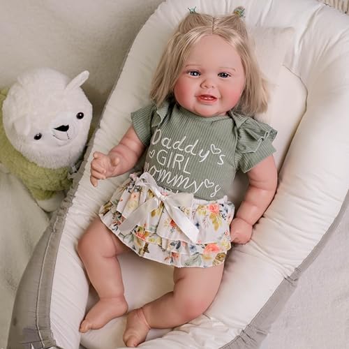 RXDOLL Sweet Smile Reborn Kleinkind Puppen Mädchen 24 Zoll Realistische Reborn Kleinkind Babypuppen Weicher Körper Gewichtete Silikon Babys Reborn Kleinkind Mädchen mit Blondem Haar für Mädchen 3+ von RXDOLL