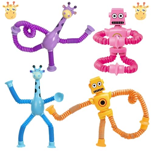 RXKFIGX 4Pcs Teleskop Saugnapf Giraffe Spielzeug Roboter Pop Röhren Sensorik Spielzeug Giraffen-Spielzeug Roboter Pop Tubes Lustiges Pädagogisches Stressabbau-Spielzeug von RXKFIGX