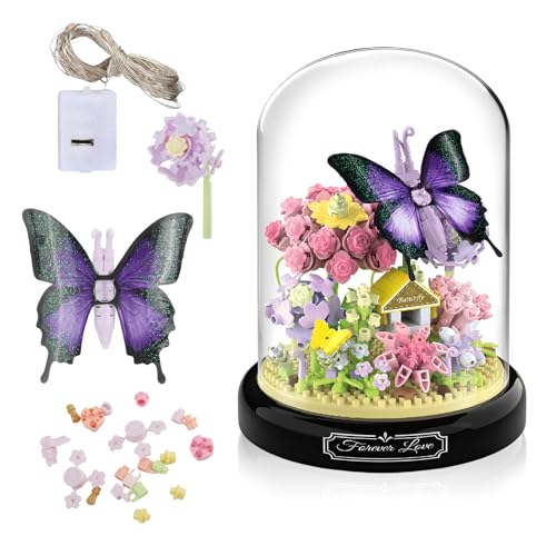 RYAN Kemmbausteine 582 Stück Mini Bausteine Set Pflanzen Bausteine mit Schutzhülle LED Licht Klemmbaustein für Kinder und Erwachsene DIY Blumen Insekten Klemmbausteine (Schmetterlingsstil) von RYAN