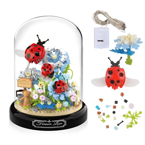 RYAN Kemmbausteine 596 Stück Mini Bausteine Set Pflanzen Bausteine mit Schutzhülle LED Licht Klemmbaustein für Kinder und Erwachsene DIY Blumen Insekten Klemmbausteine (Marienkäferstil) von RYAN
