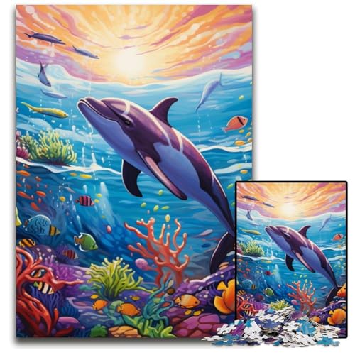 1000-teiliges Puzzle, farbenfrohes Kunst-Delfin-Holzpuzzle, pädagogisches Denkspiel, künstlerische Heim- und Bürodekoration, ab 14 Jahren, 50x75cm/19,68x29,52 Zoll von RZFWJL