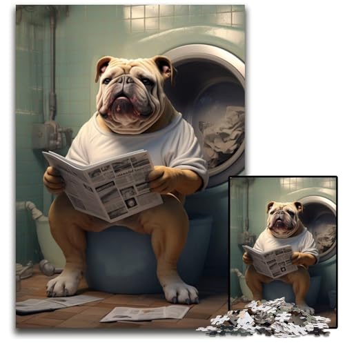 1000-teiliges Puzzle „Bulldogge liest Zeitung“, Papppuzzle, pädagogisches Denkspiel, künstlerische Heim- und Bürodekoration, ab 14 Jahren, 26x38cm/10,23x14,96 Zoll von RZFWJL