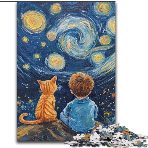1000-teiliges Puzzle Katze und Kleiner Junge, Spielspielzeug, jedes Teil ist einzigartig – anspruchsvolles Familienspiel für Kinder ab 14 Jahren (Größe 26x38cm) von RZFWJL