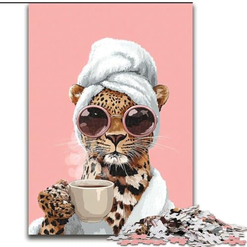 1000-teiliges Puzzle für Erwachsene, Leopard, der Kaffee trinkt, Puzzle, Spiel für Erwachsene, Geschenk, Familien-Interaktives Spiel, Gehirn-Herausforderung, Geschenk, 50x75cm von RZFWJL