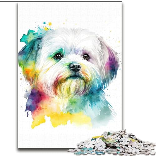 1000-teiliges Puzzle für Erwachsene, Malteser-Hund, Aquarell-Puzzle aus Holz, lehrreiches und unterhaltsames Indoor-Spiel für die Heimdekoration, 1000 Teile(50x75cm) von RZFWJL