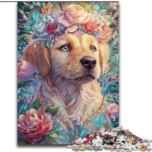 1000-teiliges Puzzle für Erwachsene und Jugendliche, Blumen, Golden Retriever, Spiele, Spielzeug, Geschenk, einzigartige Geburtstags- und Geschenkideen für Kinder ab 14 Jahren (Größe 50x75cm) von RZFWJL