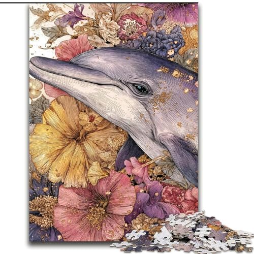 1000-teiliges Puzzle für Erwachsene und Jugendliche, Blumendelfin, Lernspielzeug für Erwachsene und Jugendliche, ganze Familie ab 14 Jahren (Größe 26x38cm) von RZFWJL