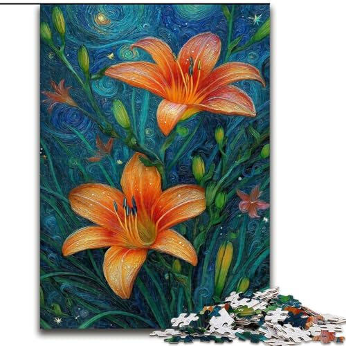 1000-teiliges Puzzle für Erwachsene und Jugendliche, Gelbe Lilien am Nachthimmel, entspannendes intellektuelles Lernspielzeug, Geburtstagsgeschenk (Größe 50x75cm) von RZFWJL