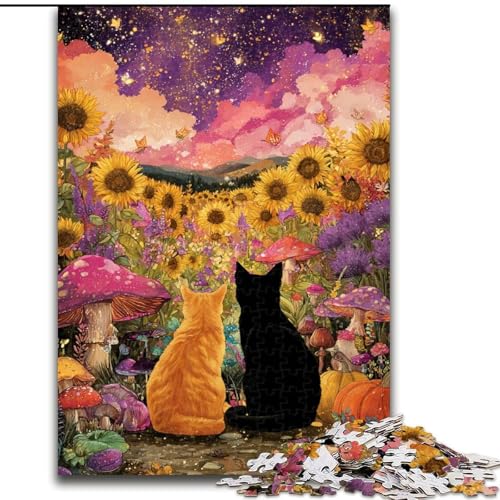 1000-teiliges Puzzle für Erwachsene und Jugendliche, Sonnenblume, Schwarze Katze und orange Katze, entspannendes intellektuelles Lernspielzeug, Geburtstagsgeschenk (Größe 50x75cm) von RZFWJL