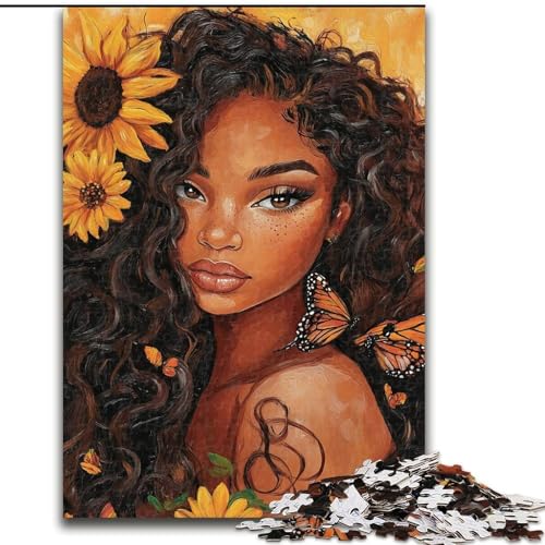 1000-teiliges Puzzle für Erwachsene und Jugendliche, Sonnenblume, afrikanische Frau, anspruchsvolles Spiel, Spielzeug, Wanddekoration, einzigartige Geburtstags (Größe 26x38cm) von RZFWJL