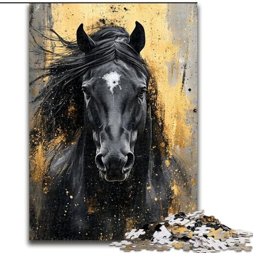 1000-teiliges Puzzle für Erwachsene und Jugendliche, schwarzes goldenes Pferd, entspannendes intellektuelles Lernspielzeug, Geburtstagsgeschenk (Größe 26x38cm) von RZFWJL