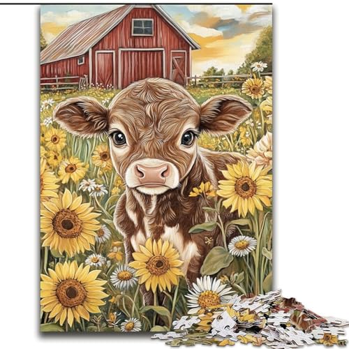 1000-teiliges Puzzle für Jugendliche und Erwachsene, Bauernhof, Sonnenblumenkühe, Lernspielzeug für Kinder ab 14 Jahren, ganze Familie (Größe 26x38cm) von RZFWJL