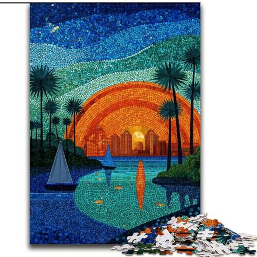 1000-teiliges Puzzle für Jugendliche und Erwachsene, Buntglasstadt, Lernspielzeug für Kinder ab 14 Jahren, ganze Familie (Größe 26x38cm) von RZFWJL