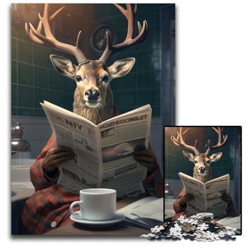 1000-teiliges Puzzle mit Hirsch, der Zeitung liest, aus Pappe, pädagogisches Denkspiel, künstlerische Heim- und Bürodekoration, ab 14 Jahren, 26x38cm/10,23x14,96 Zoll von RZFWJL