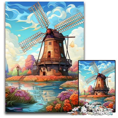 Bunte Kunst-Windmühlen-Puzzles für Erwachsene,1000-teilige Puzzles für Erwachsene,anspruchsvolles Denkspiel für Teenager,unterhaltsames interaktives Spiel für die ganze Familie,26x38cm von RZFWJL