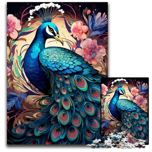 Bunter Kunst-Pfau, 1000-teiliges Puzzle für Erwachsene, Papppuzzle, Heimdekoration, Denksportspiel für Teenager und Familieninteraktion, 26x38cm/10,23x14,96 Zoll von RZFWJL