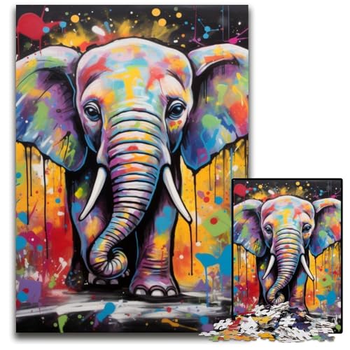 Elefanten-Graffiti-Malerei-Puzzle 1000 Teile für Erwachsene, Holzpuzzle, Teenager, Paare und Freunde zum Geburtstag, Weihnachten, 50x75cm/19,68x29,52 Zoll von RZFWJL