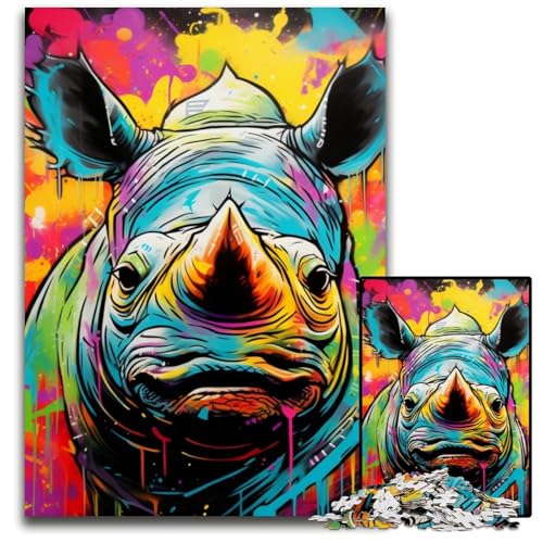 Graffiti-Malerei-Nashorn, 1000 Teile, Puzzle für Erwachsene, Holzpuzzle, interaktives Familienspiel, DIY-Heimdekoration, Gehirn-Herausforderung, Geschenk, 50x75cm/19,68x29,52 Zoll von RZFWJL