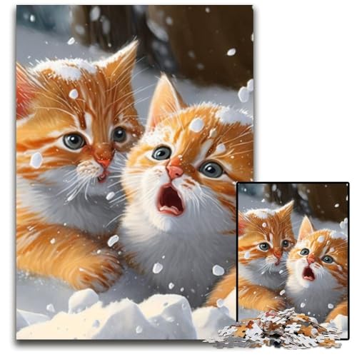 Kätzchen im Schnee-Puzzle 1000 Teile für Erwachsene, Holzpuzzle, Teenager, Paare und Freunde zum Geburtstag, Weihnachten, 50x75cm/19,68x29,52 Zoll von RZFWJL