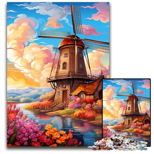 Puzzle 1000 Teile, farbenfrohe Kunst-Windmühlen-Puzzles für Erwachsene, perfekt für Halloween, Weihnachten, Geburtstagsgeschenk, 50x75cm/19,68x29,52 Zoll von RZFWJL