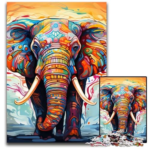 Puzzle 1000 Teile, farbenfrohes Kunst-Elefanten-Puzzle für Erwachsene, perfekt für Halloween, Weihnachten, Geburtstagsgeschenk, 50x75cm/19,68x29,52 Zoll von RZFWJL