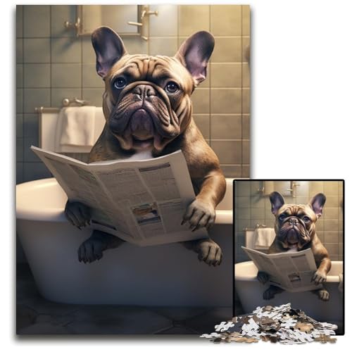 Puzzle 1000 Teile Französische Bulldogge liest Zeitung Puzzles für Erwachsene Perfekt für Halloween, Weihnachten, Geburtstagsgeschenk 50x75cm/19,68x29,52 Zoll von RZFWJL