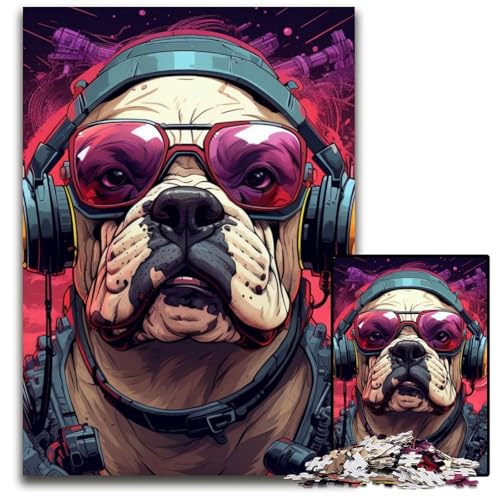 Puzzle 1000 Teile Mops mit Kopfhörern Puzzles für Erwachsene Herausforderndes Denkspiel - Entspannendes Spielzeug für Teenager 50x75cm/19,68x29,52 Zoll von RZFWJL