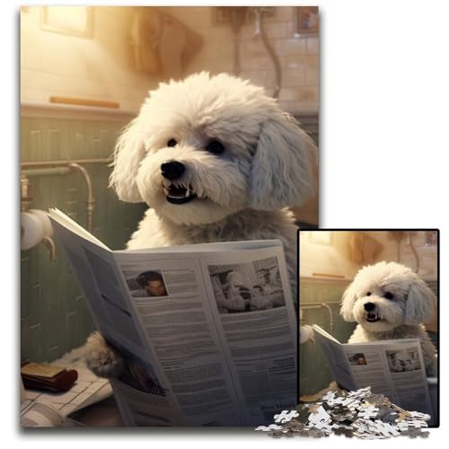 Puzzle 1000 Teile für Erwachsene, Bichon Frisé liest Zeitung, Holzpuzzle, anspruchsvolles DIY-Denkspiel, perfektes Familienspiel oder dekoratives Geschenk, 50x75cm/19,68x29,52 Zoll von RZFWJL