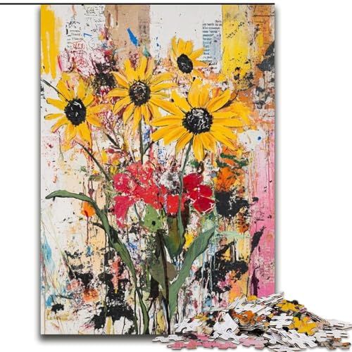 Puzzle 1000 Teile für Erwachsene, Blumen im Basquiat-Stil, für 14+, anspruchsvolles Spiel als Geschenk für die ganze Familie und Freunde (Größe 26x38cm) von RZFWJL