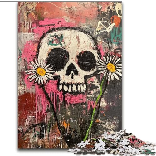 Puzzle 1000 Teile für Erwachsene, Blumen und Totenköpfe im Basquiat-Stil, für 14+, anspruchsvolles Spiel als Geschenk für die ganze Familie und Freunde (Größe 26x38cm) von RZFWJL