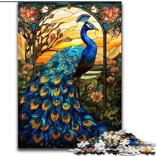 Puzzle 1000 Teile für Erwachsene, Buntglas-Pfau, für 14+, anspruchsvolles Spiel als Geschenk für die ganze Familie und Freunde (Größe 50x75cm) von RZFWJL