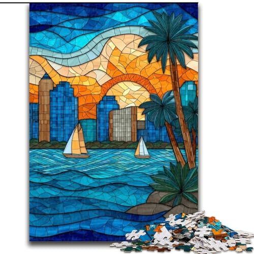 Puzzle 1000 Teile für Erwachsene, Buntglasstadt, für 14+, anspruchsvolles Spiel als Geschenk für die ganze Familie und Freunde (Größe 26x38cm) von RZFWJL