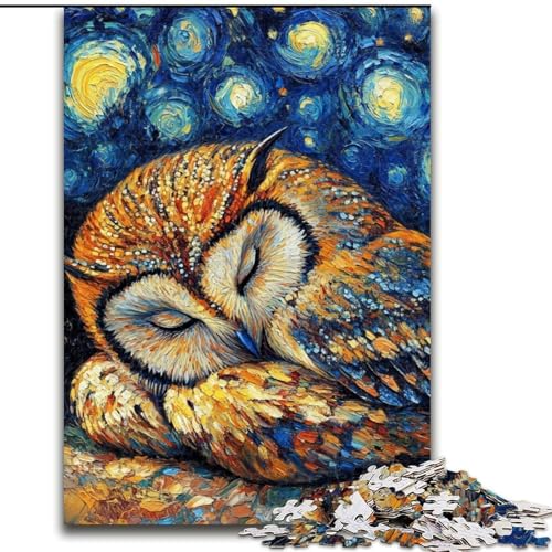 Puzzle 1000 Teile für Erwachsene, Eulen-Nachthimmel-Puzzle aus Holz, Familieninteraktion und Gehirn-Herausforderung, Familienaktivitäts-Herausforderung, 1000 Teile(50x75cm) von RZFWJL
