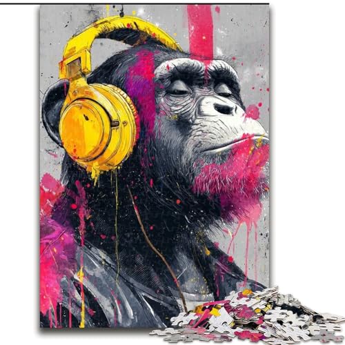 Puzzle 1000 Teile für Erwachsene, Geschenke, AFFE mit Kopfhörern, Spielzeug, Lernspiele, Stressabbau, tolle Geschenke und Spielzeuge (Größe 26x38cm) von RZFWJL