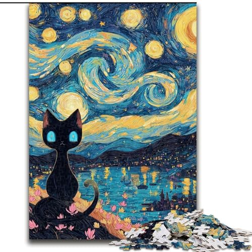Puzzle 1000 Teile für Erwachsene, Geschenke, Nachthimmel, Schwarze Katze, Spielzeug, Lernspiele, Stressabbau, tolle Geschenke und Spielzeuge (Größe 26x38cm) von RZFWJL