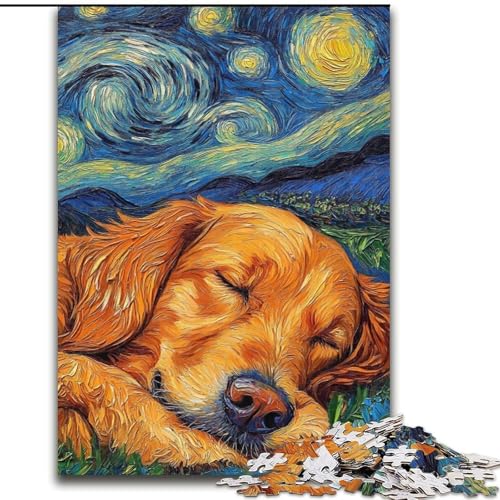 Puzzle 1000 Teile für Erwachsene, Golden Retriever-Nachthimmel, Puzzle aus Holz, interaktives Familienspiel, DIY-Heimdekoration, Gehirn-Herausforderung, Geschenk, 1000 Stück(50x75cm) von RZFWJL