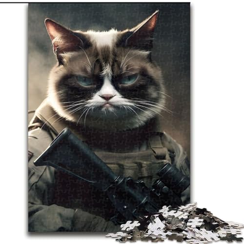 Puzzle 1000 Teile für Erwachsene, Grumpy Cat Army Portrait, Puzzle aus Holz, anspruchsvolles Denkspiel für Teenager, unterhaltsames interaktives Spiel für die ganze Familie, 1000 Teile(50x75cm) von RZFWJL