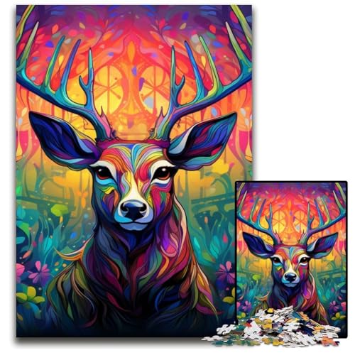 Puzzle 1000 Teile für Erwachsene, Hirsch, psychedelische Kunst, Holzpuzzle, anspruchsvolles DIY-Denkspiel, perfektes Familienspiel oder dekoratives Geschenk, 50x75cm/19,68x29,52 Zoll von RZFWJL